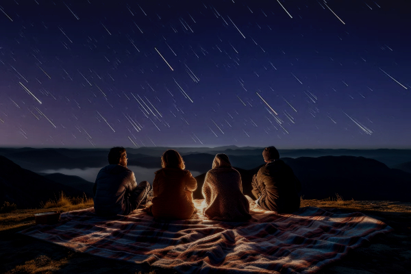 Four friends sit on a blanket overlooking a lake at night, watching the night sky filled with shooting stars.